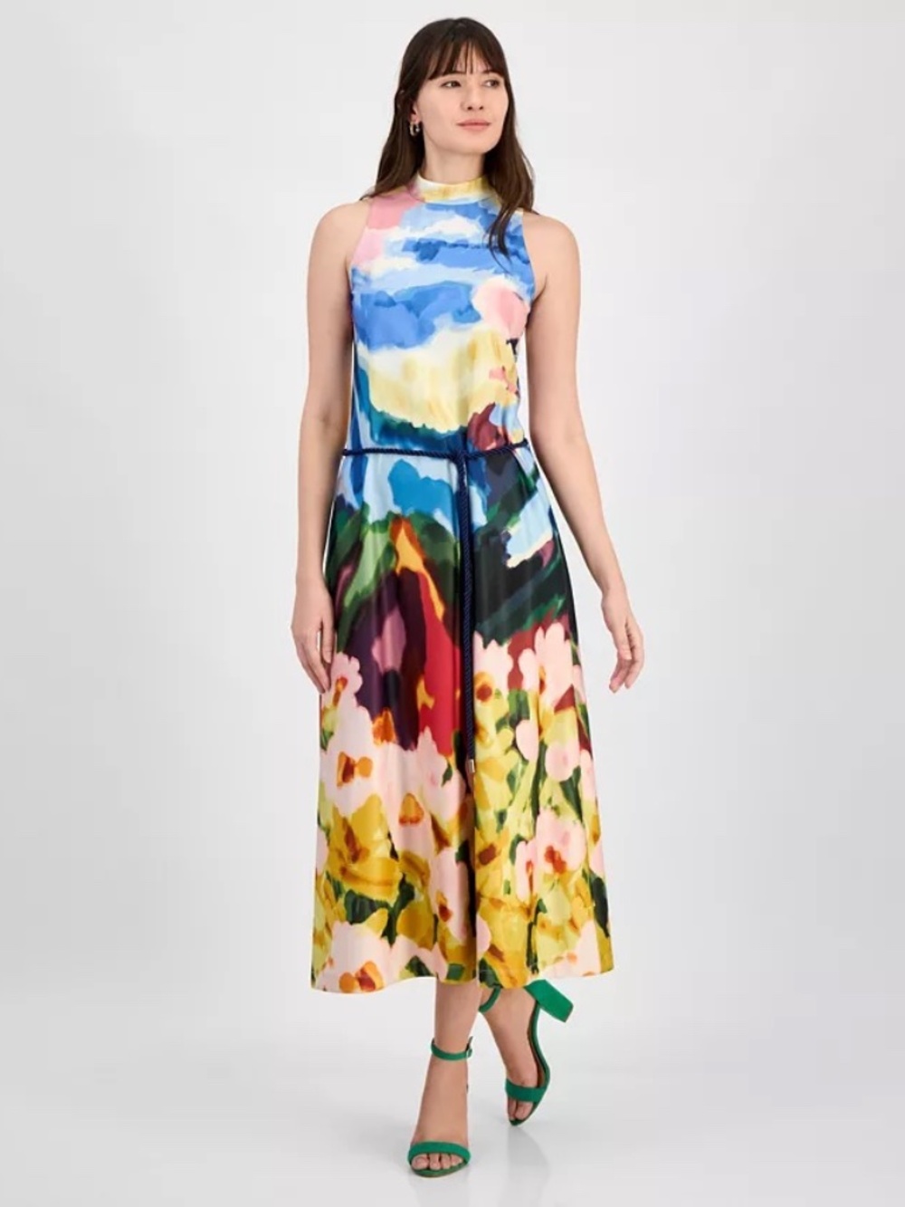 Anne Klein Colorful Watercolor Print Scuba Sleeveless Belted Midi Dress SZ L EUC